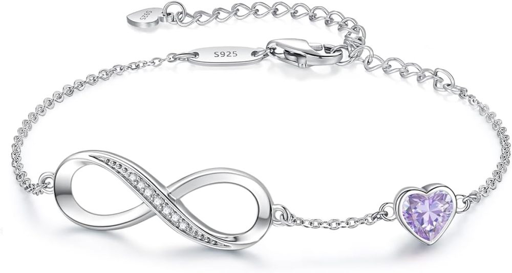 Valentine's Day Gift Infinity Heart Birthstone Charm Link Bracelet for Women 925 Sterling Silver Adjustable Mother's Day Christmas Day Gift Anniversary Birthday Jewelry for Wife Girlfriend Her