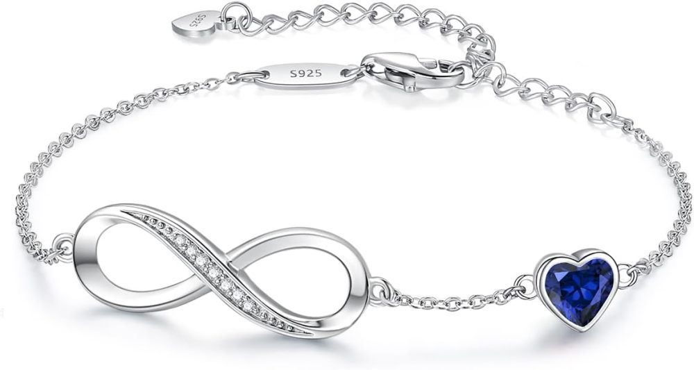 Valentine's Day Gift Infinity Heart Birthstone Charm Link Bracelet for Women 925 Sterling Silver Adjustable Mother's Day Christmas Day Gift Anniversary Birthday Jewelry for Wife Girlfriend Her