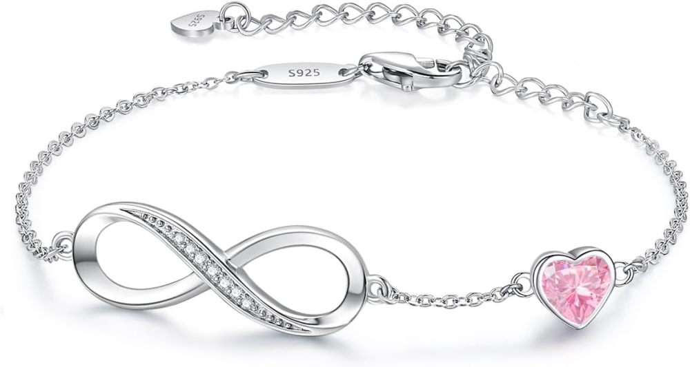 Valentine's Day Gift Infinity Heart Birthstone Charm Link Bracelet for Women 925 Sterling Silver Adjustable Mother's Day Christmas Day Gift Anniversary Birthday Jewelry for Wife Girlfriend Her