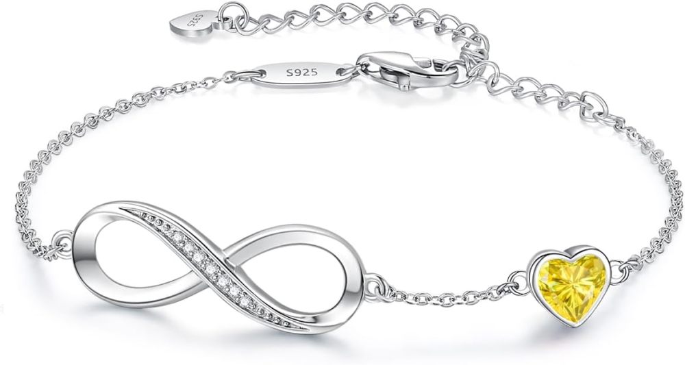 Valentine's Day Gift Infinity Heart Birthstone Charm Link Bracelet for Women 925 Sterling Silver Adjustable Mother's Day Christmas Day Gift Anniversary Birthday Jewelry for Wife Girlfriend Her