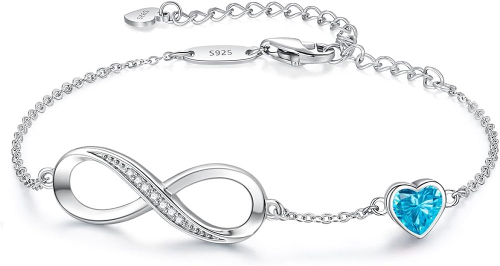 Valentine's Day Gift Infinity Heart Birthstone Charm Link Bracelet for Women 925 Sterling Silver Adjustable Mother's Day Christmas Day Gift Anniversary Birthday Jewelry for Wife Girlfriend Her