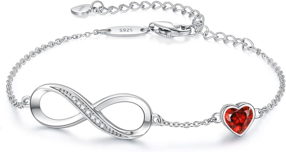 Valentine's Day Gift Infinity Heart Birthstone Charm Link Bracelet for Women 925 Sterling Silver Adjustable Mother's Day Christmas Day Gift Anniversary Birthday Jewelry for Wife Girlfriend Her