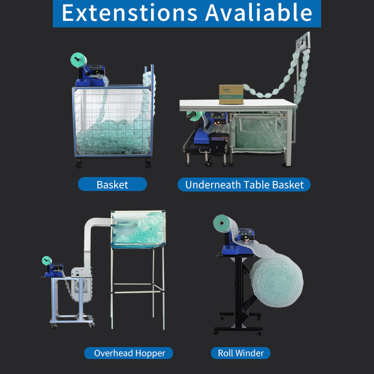 MINI AIR PA2 Pro2 machine accessories: Basket, Underneath Table Basket, Overhead Hopper, and Roll Winder.