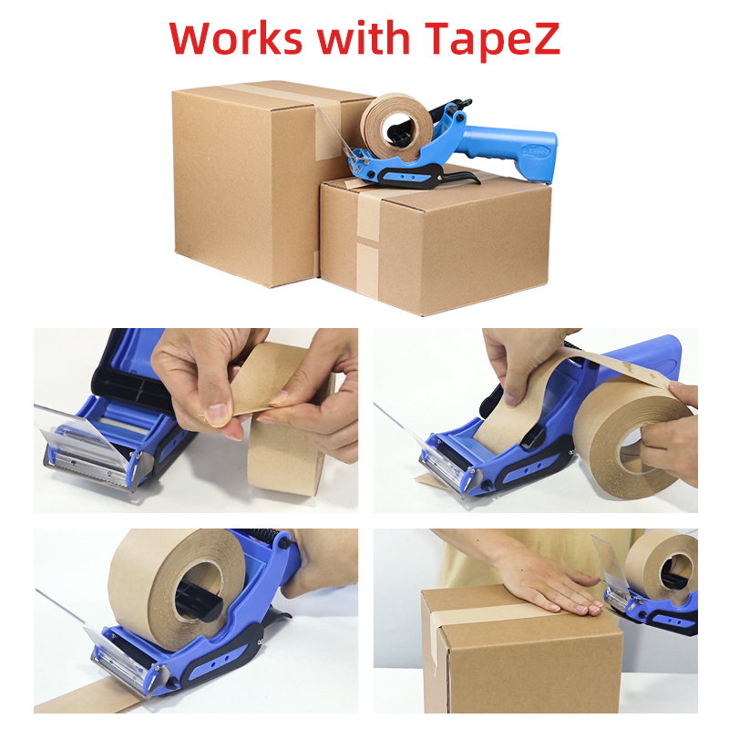 Water activated paper tape: step-by-step guide on how it works with a TapeZ dispenser for efficient sealing.