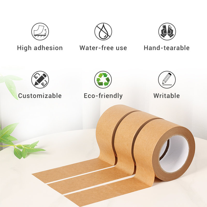 TapeZ self-adhesive kraft paper tape: high adhesion, hand-tearable, water-free, writable, and eco-friendly.
