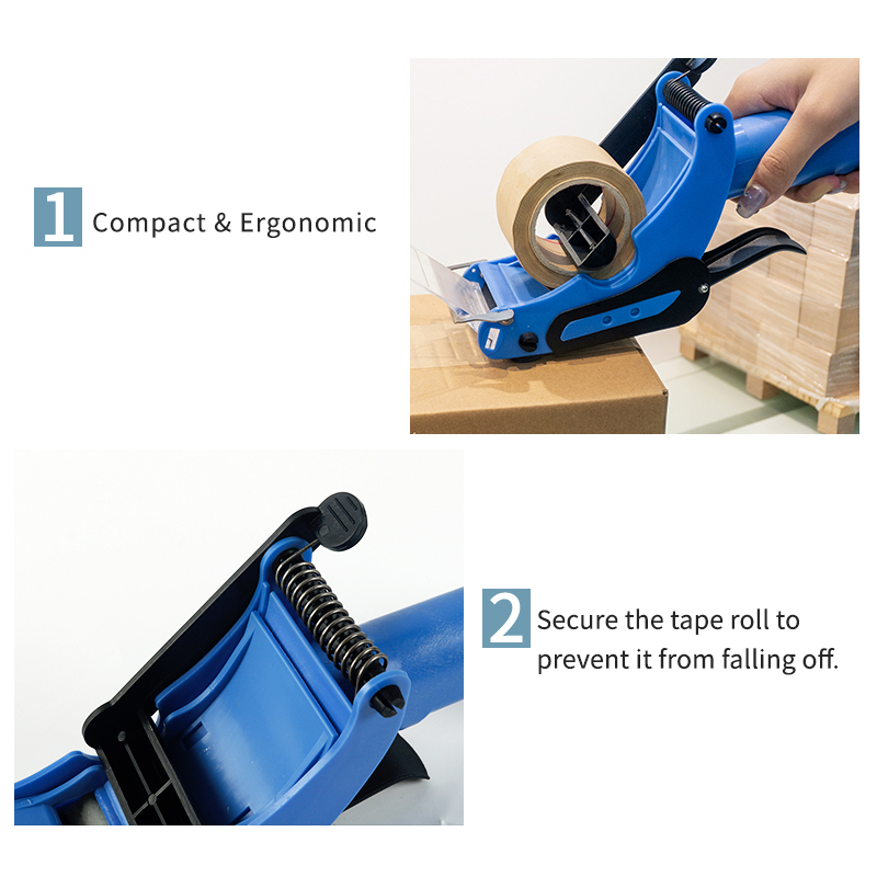 TapeZ handheld dispenser: compact and ergonomic design with a secure tape roll holder to prevent falling off.