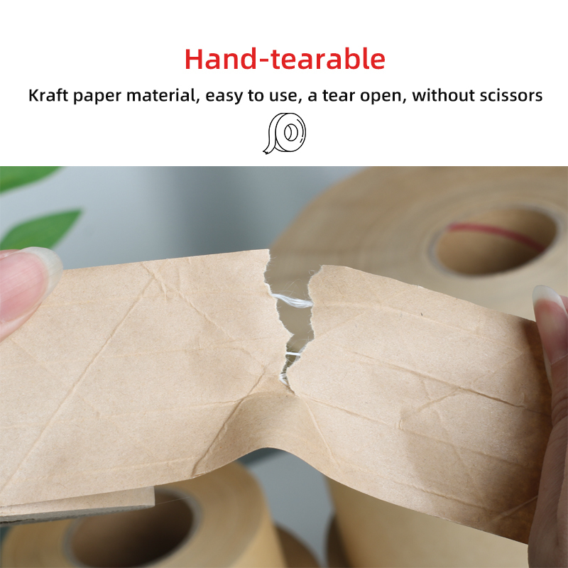 Hand-tearable water activated tape made from kraft paper, easy to use without scissors.