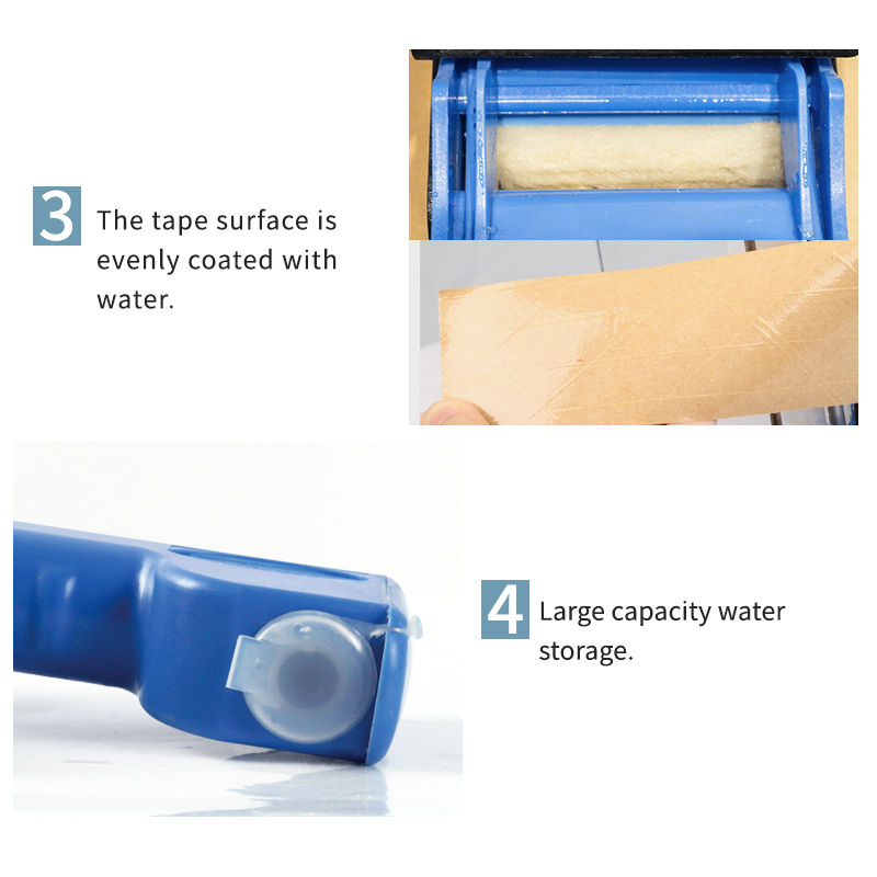 A handheld tape dispenser with a large water storage capacity that evenly coats the tape.