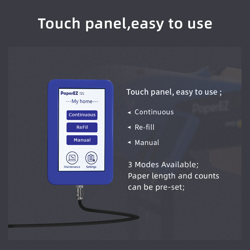 PaperEZ SmartCushion Paper Cushion Machine: a touch panel showing its three modes and pre-set options.