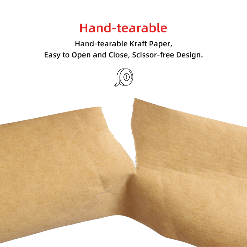 A hand-tearable water activated kraft paper tape with a scissor-free design for easy use.