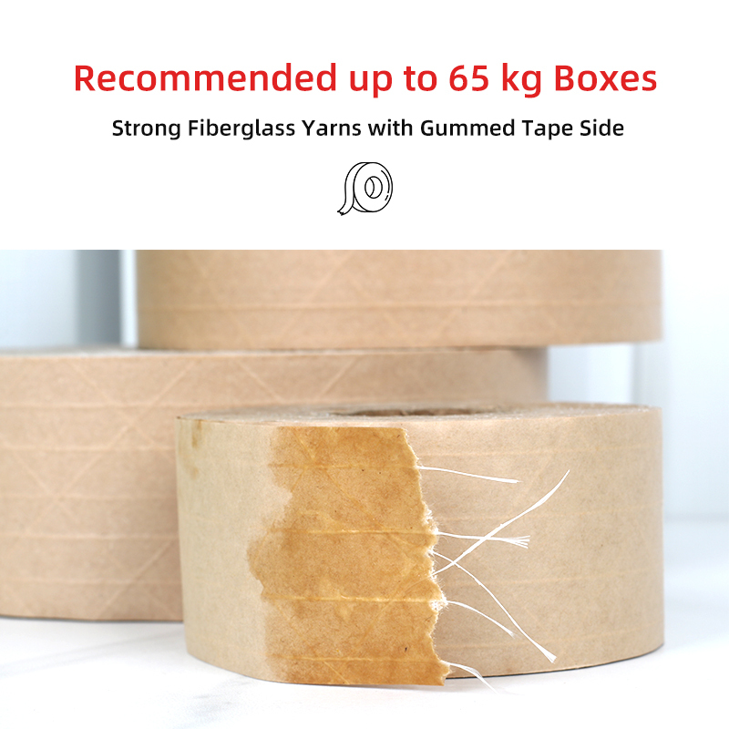 Fiber-reinforced water activated tape with strong fiberglass yarns, recommended for sealing boxes up to 65kg.