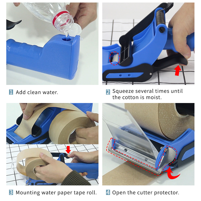 TapeZ handheld dispenser: a 4-step user guide for adding water, mounting tape, and using the cutter.
