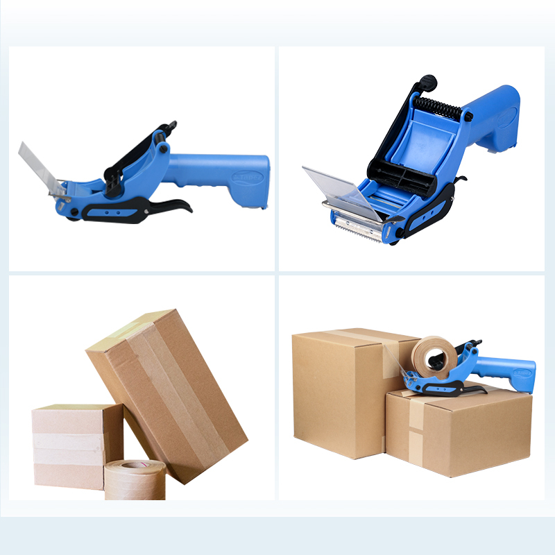 A handheld tape dispenser shown from different angles, demonstrating its compact design and use for sealing boxes.