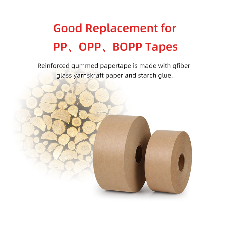 A water-activated tape: a good replacement for PP, OPP, and BOPP plastic tapes, made with fiberglass and kraft paper.