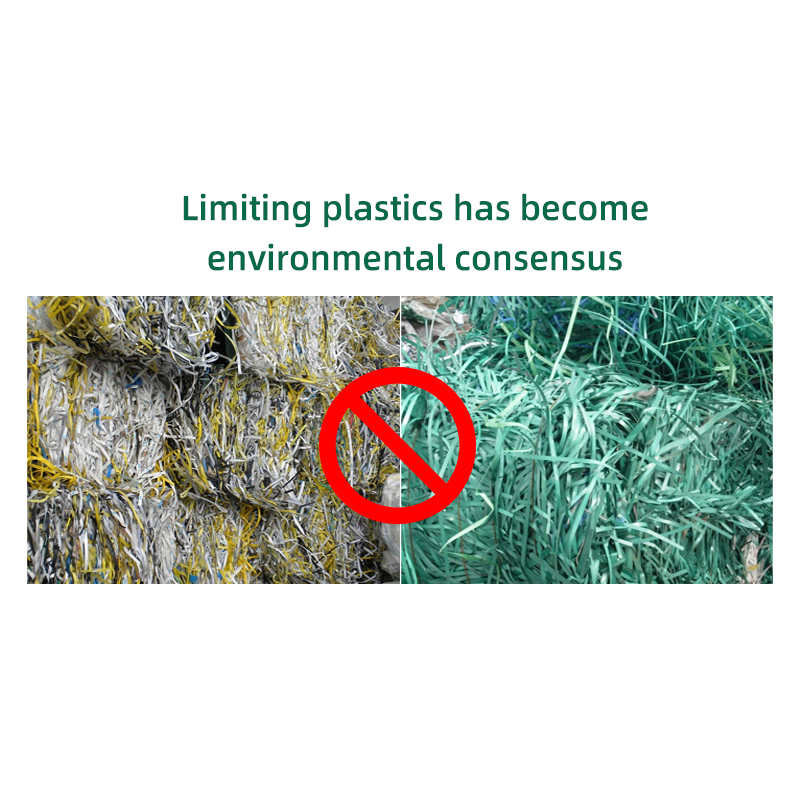A diagram showing the global consensus to limit plastics, using a symbol to ban traditional plastic straps.