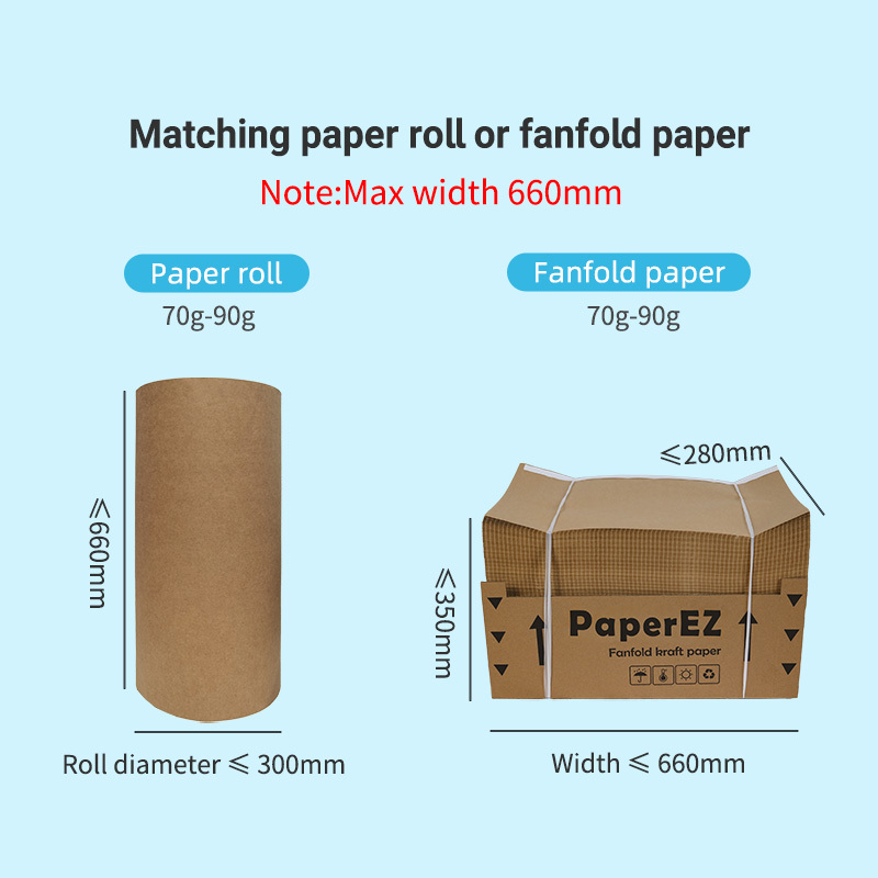PaperEZ Industrial Bubble Paper Machine: compatible with paper rolls and fanfold paper up to 660mm wide.