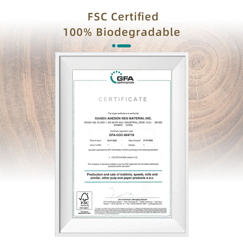 A certificate image showing that the paper product is FSC certified and 100% biodegradable.