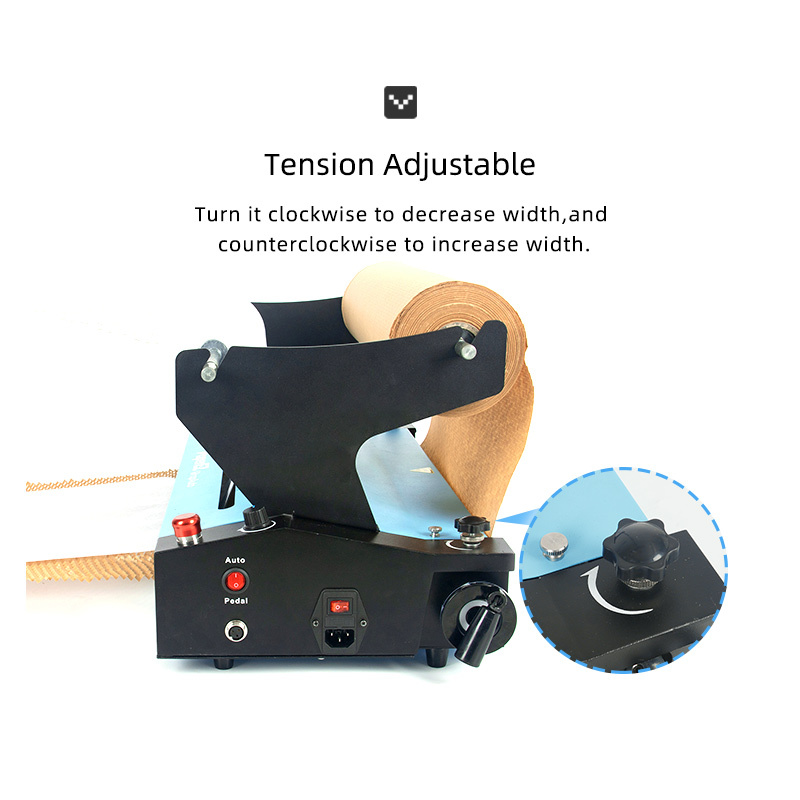 PaperEZ WrapAuto Honeycomb Paper Machine: a detail view of the tension adjustment knob for controlling width.