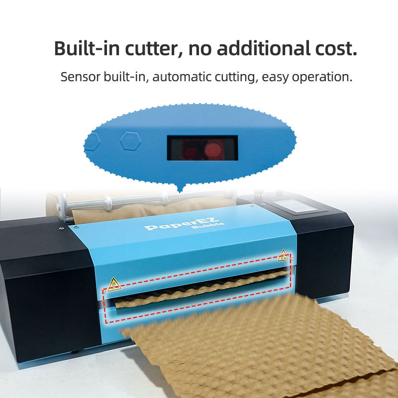 PaperEZ Desktop Bubble Machine: features a built-in sensor and cutter for cost-effective, automatic cutting.