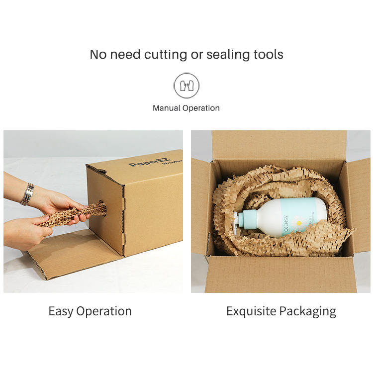 PaperEZ Honeycomb Paper: shown in manual operation, highlighting its easy use without cutting or sealing tools.