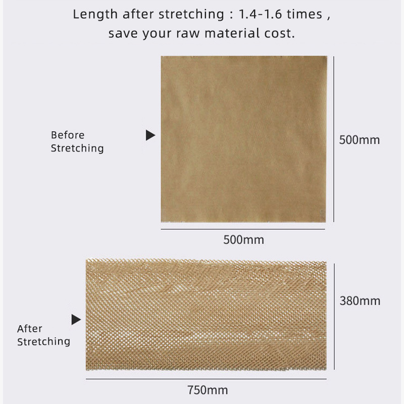 PaperEZ Honeycomb Paper: a diagram showing how the paper stretches 1.4-1.6 times its length to save material.