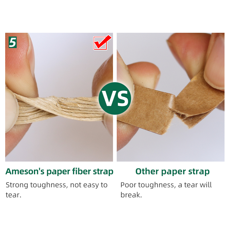 A comparison showing PaperEZ Strap's strong toughness, while other paper straps are easily torn.