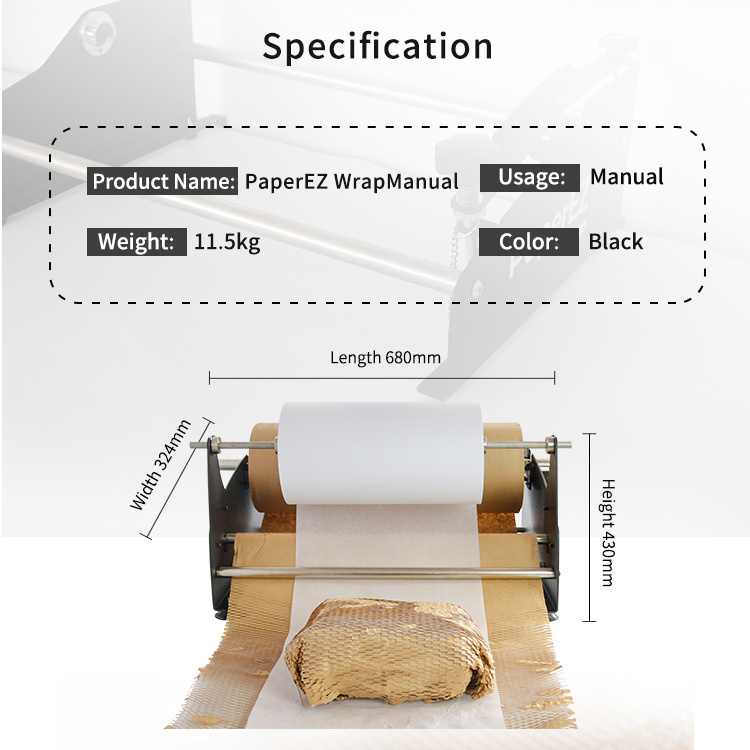 PaperEZ Manual Honeycomb Paper Dispenser: a specification diagram showing its black color, weight, and dimensions.