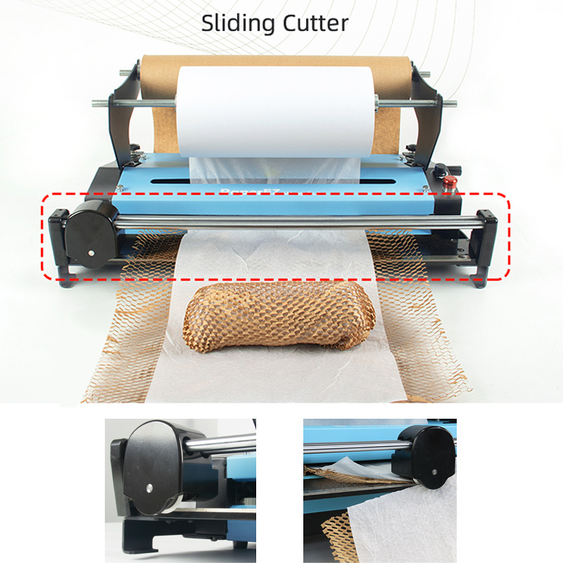 PaperEZ WrapAuto Honeycomb Paper Machine: a detail view highlighting the sliding cutter for easy paper cutting.
