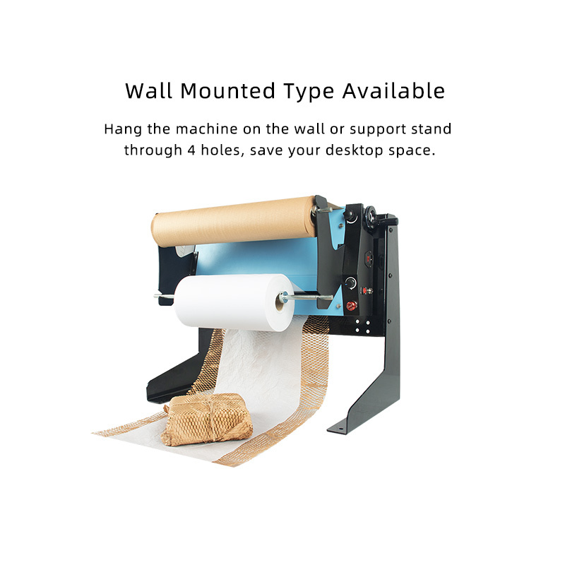 PaperEZ WrapAuto Honeycomb Paper Machine: a diagram showing its wall-mounted feature for saving desktop space.