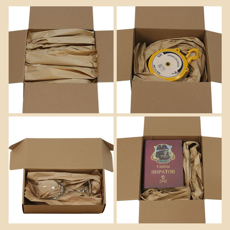 Fanfold Kraft Paper: a case study showing four packaged products, demonstrating its protective qualities.