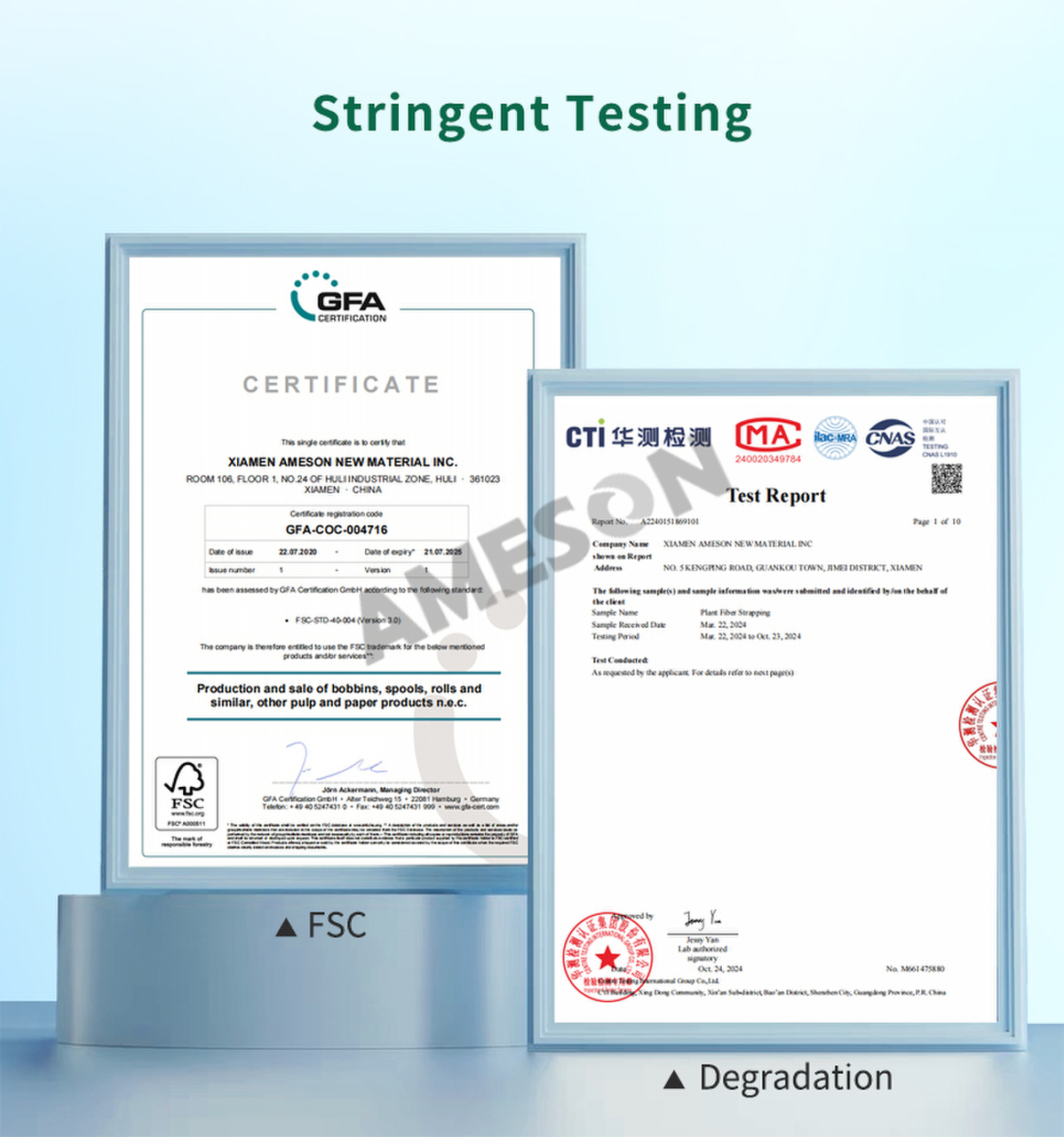 PaperEZ Strap: a product with a FSC certificate and Degradation certificate, proving its quality through stringent testing.