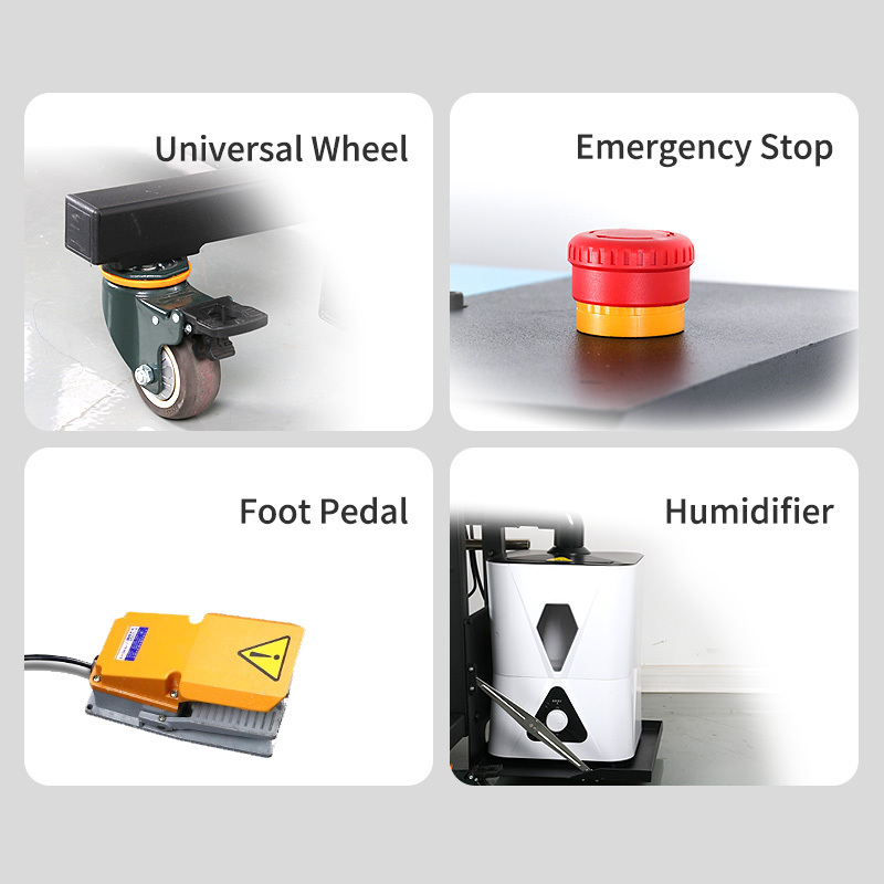 PaperEZ Bubble Machine accessories: a foot pedal, humidifier, and emergency stop.