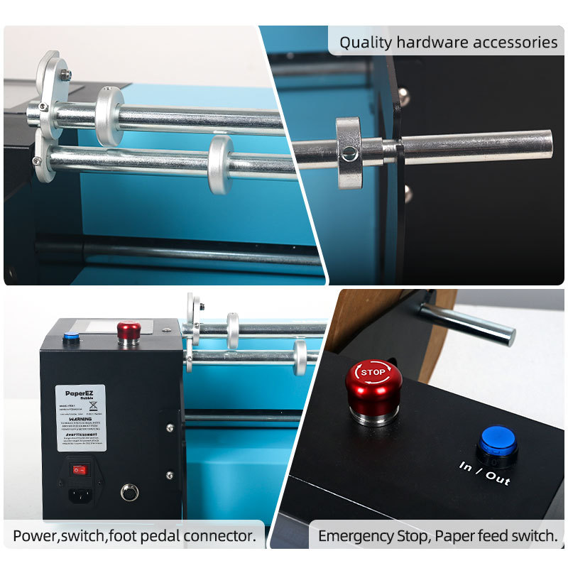 PaperEZ Bubble Machine 400: a diagram showing quality accessories like power and emergency stop switches.