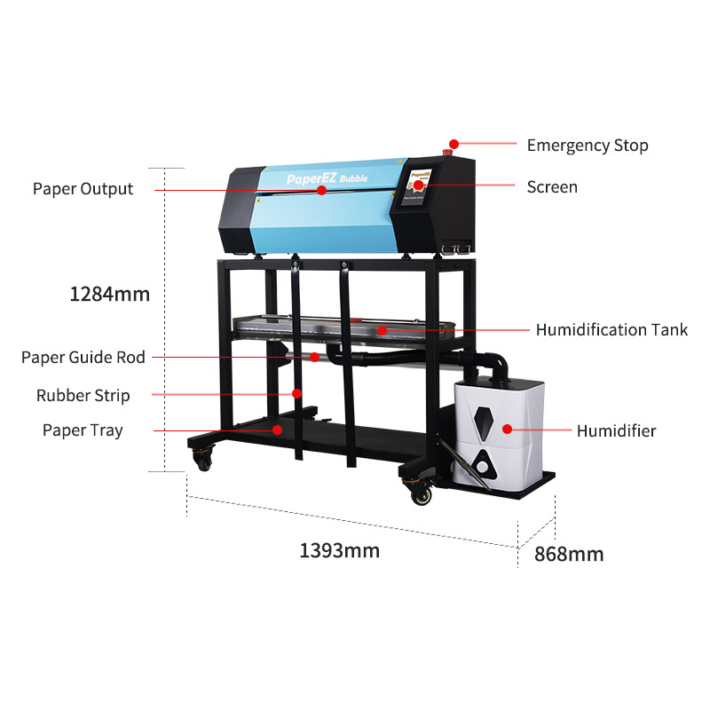 PaperEZ Bubble Machine: a diagram showing its key components, features, and dimensions.
