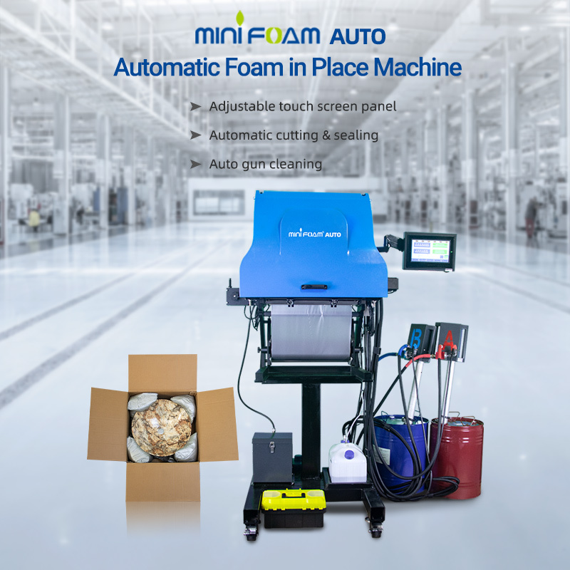 MINI AIR automatic foam in place machine: features an adjustable touch screen, auto cutting, and finished packaging.