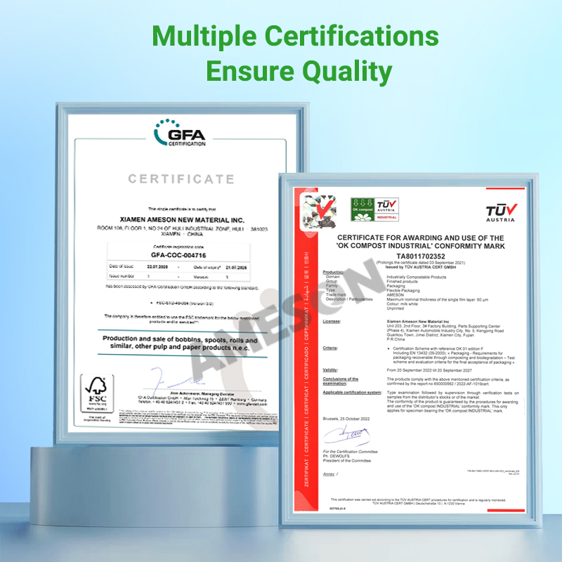 BioAir Paper Air Pillow: a display of its multiple certifications for quality assurance.