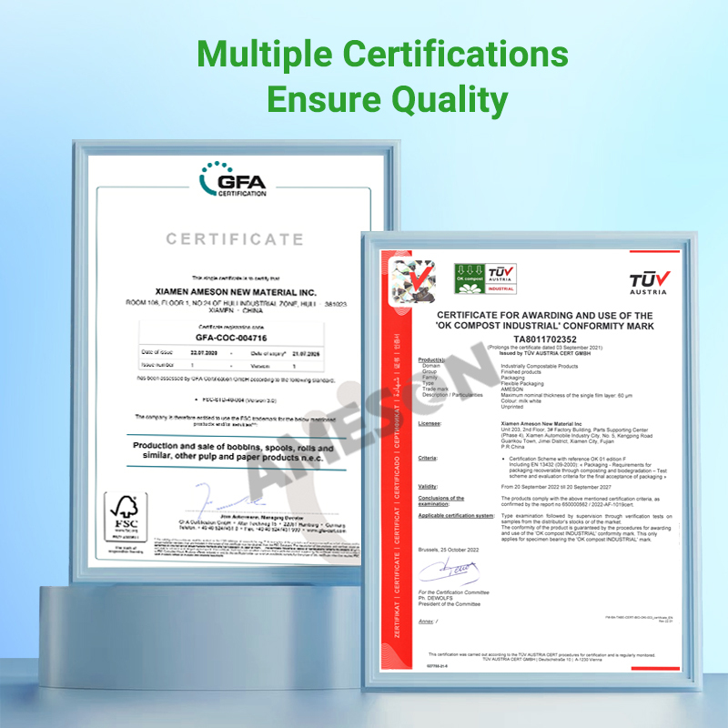 BioAir Paper Air Bubble: a display of its multiple certifications for quality assurance.