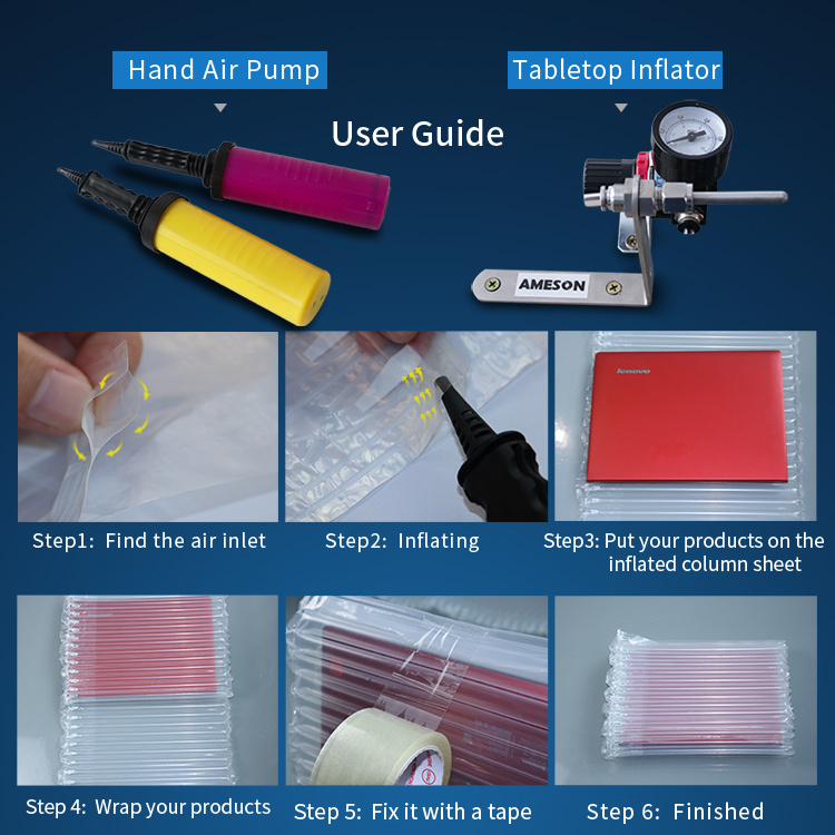Ameson U Type Air Column Bag: a user guide showing how to inflate and wrap products in six easy steps.