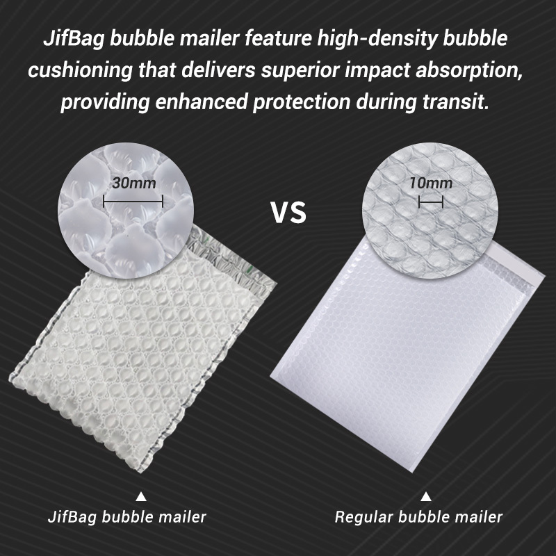 JifBag Inflatable Bubble Mailer Film Rolls: a comparison showing its large 30mm bubbles for superior protection.