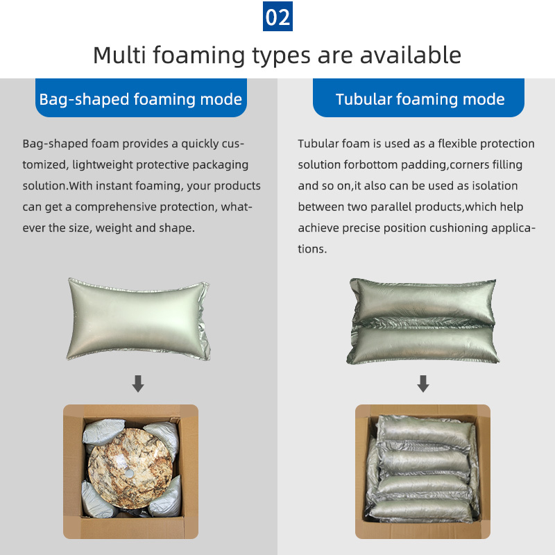 MINI FOAM automatic foam machine with bag-shaped and tubular foaming modes.