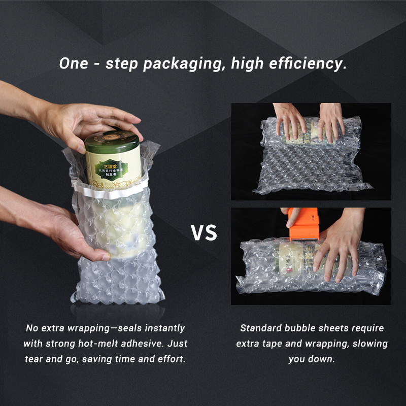 JifBag Inflatable Bubble Mailer: a comparison showing its high-efficiency one-step packaging.