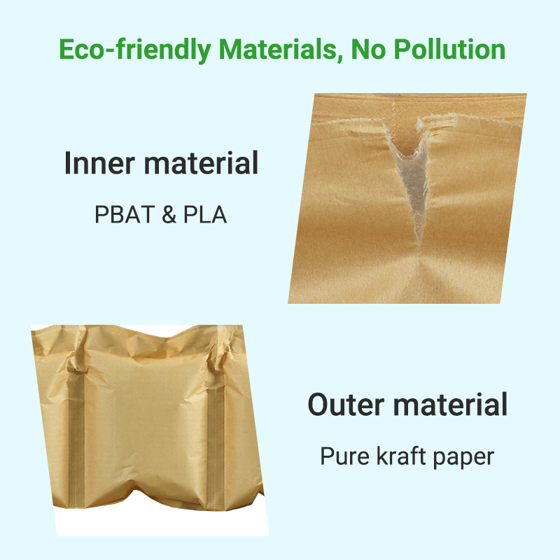 BioAir Paper Air Pillow: a detail view highlighting its inner PBAT & PLA and outer kraft paper materials.