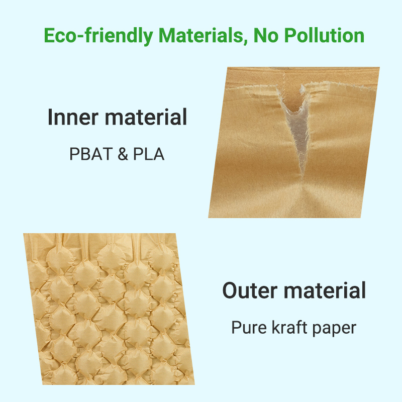 BioAir Paper Air Bubble: a detail view highlighting its inner PBAT & PLA and outer kraft paper materials.