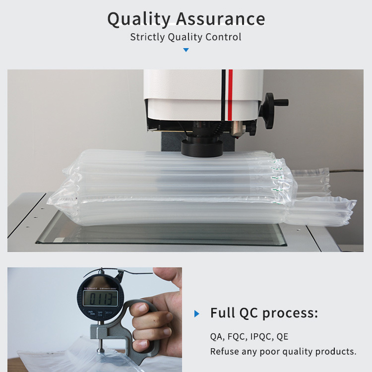 Ameson U Type Air Column Bag: a diagram showing the quality control process with pressure and thickness tests.