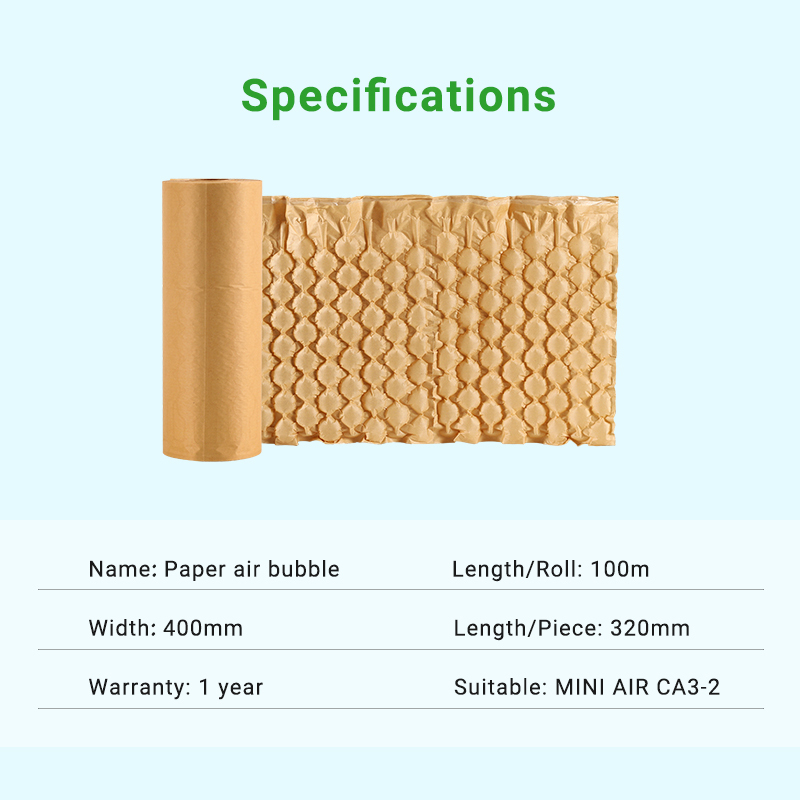 BioAir Paper Air Bubble: a specifications chart detailing its dimensions, warranty, and machine compatibility.