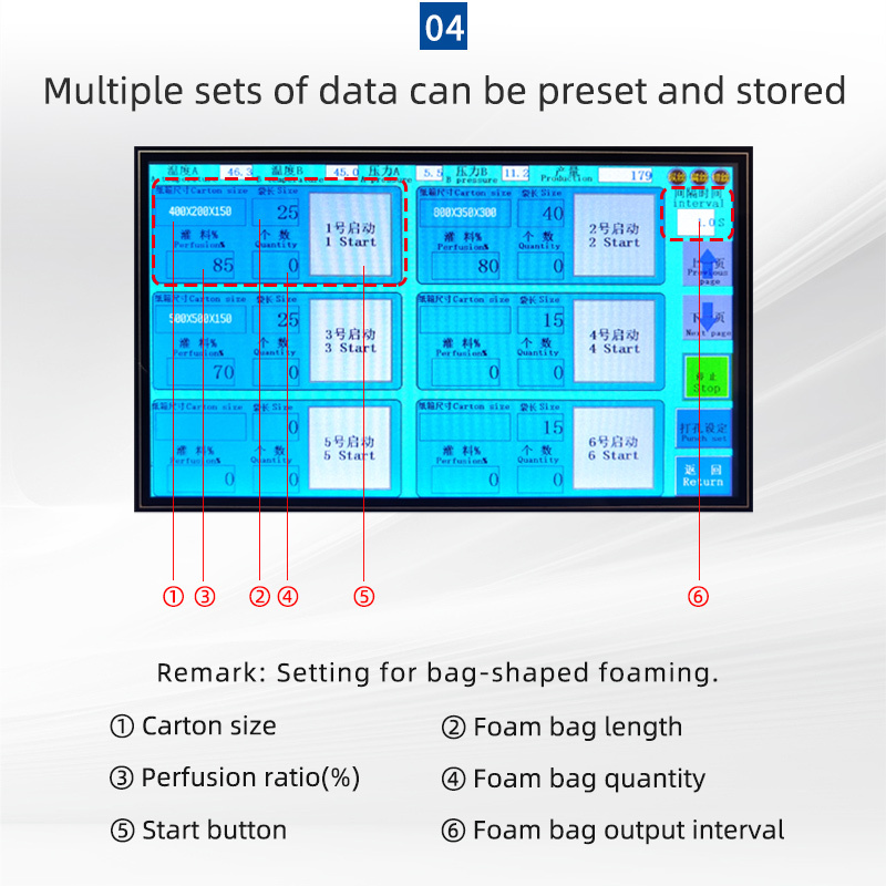 MINI FOAM automatic foam machine control panel: showing preset settings for bag-shaped foaming.