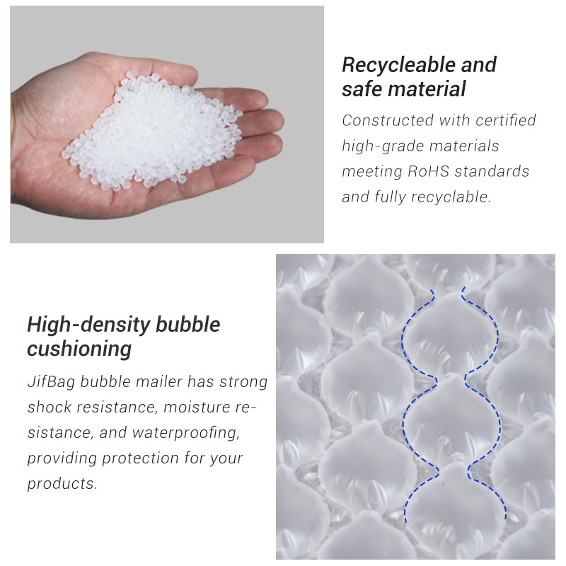 JifBag Inflatable Bubble Mailer: a detail view highlighting its recyclable material and high-density bubbles.