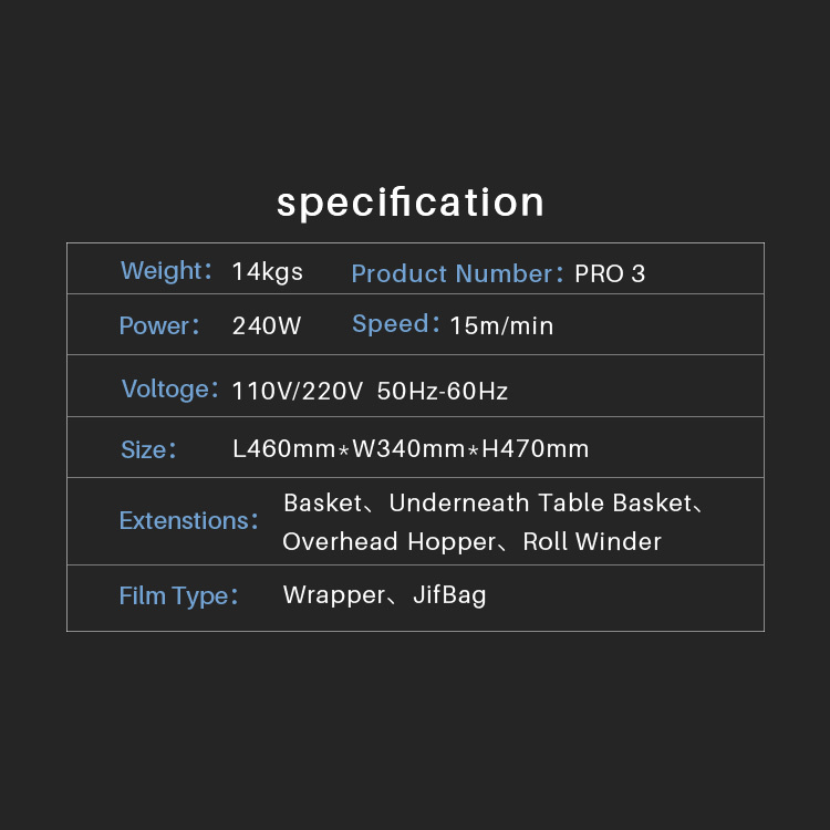 MINI AIR PA3 Pro3: a specification chart detailing its speed, weight, voltage, and film compatibility.