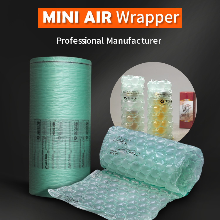 MINI AIR Wrapper Air Bubble Film Roll: a display showing the product roll and its use in wrapping items.