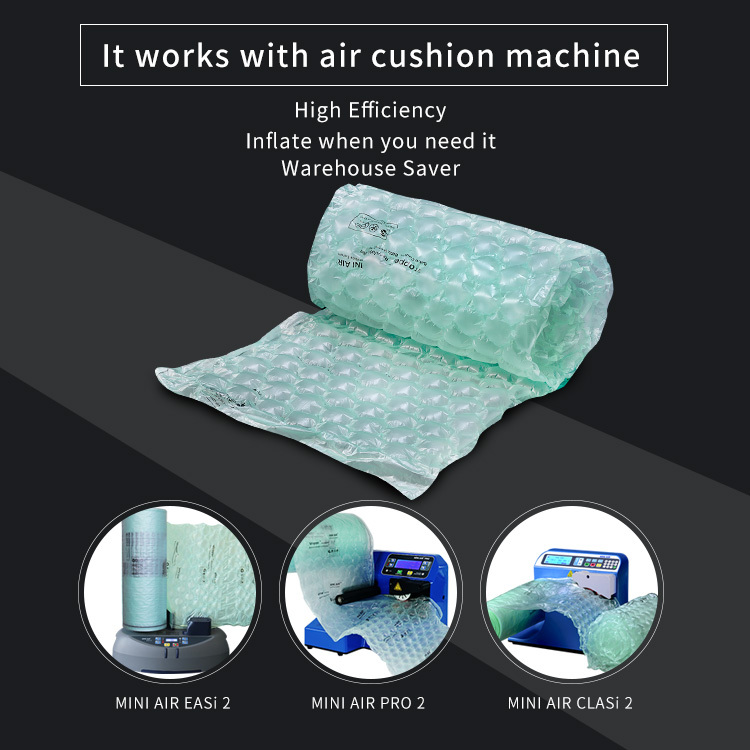 MINI AIR Wrapper Air Bubble Film Roll: a diagram showing it works with an air cushion machine.